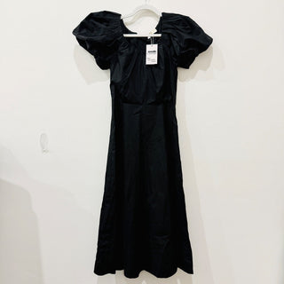 Ulla Johnson Imara Gathered Cotton-Poplin Puff Sleeve A-Line Midi Dress Black 0