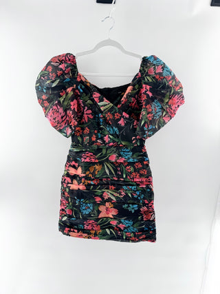 C/Meo Collective Tropical Floral Puff Sleeve Mini Dress Black Multi Womens Small