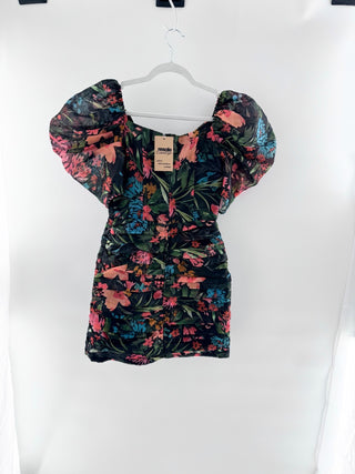 C/Meo Collective Tropical Floral Puff Sleeve Mini Dress Black Multi Womens Small