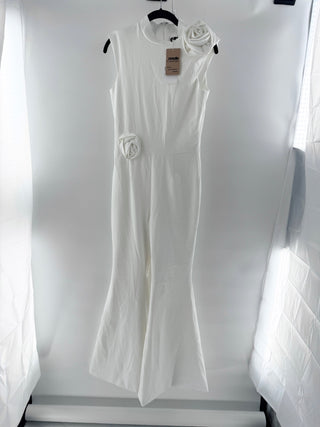 NWT Jamilbymd Rose Silky-Jersey Sleeveless Flared Jumpsuit White Women's Large