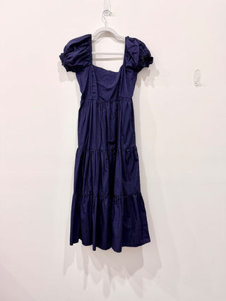 o.p.t Josephine Puff Sleeve Tiered Midi A-Line Dress Navy Blue Women's Medium