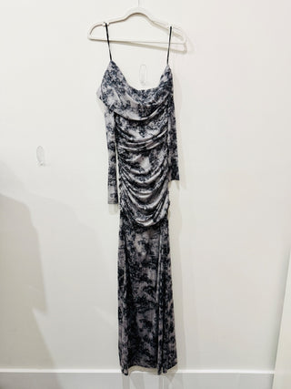 NWT Lulus Darla Mesh One-Shoulder Long Sleeve Maxi Dress Grey Tie-Dye Women's S