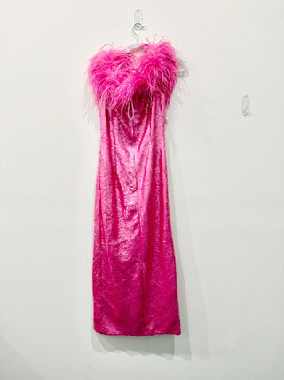 Lillie Rubin Strapless Feather Sequinned Maxi Dress Barbie Pink Women's Size 8