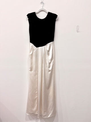 Lauren Ralph Lauren Two-Tone Satin Crew Neck Gown Dress Cream Black Women's 6