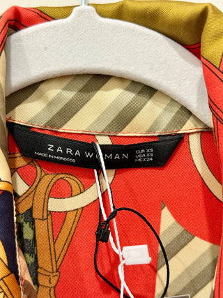 Zara Satin Scarf-Print 3/4 Sleeve Tie Waist Midi Shirt Dress Multi Women's Size XS