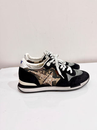Golden Goose Genuine Leather Low Top Running Sneakers Shoes Black Camo Womens 37