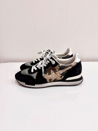 Golden Goose Genuine Leather Low Top Running Sneakers Shoes Black Camo Womens 37
