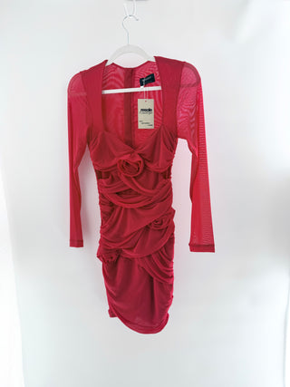 Bardot mini dress featuring plunging sweetheart neckline, sheer long mesh sleeves, intricate rosette detail at bust, S