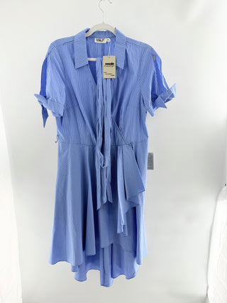 Eliza J striped midi dress featuring collared neckline, short rolled sleeves with tie accents, and flattering tie-front waist detail, 12