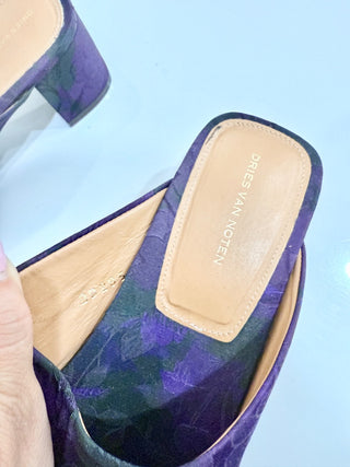 Dries Van Noten Brocade Floral Square Toe Mule Sandals Purple Women's Size EU 40