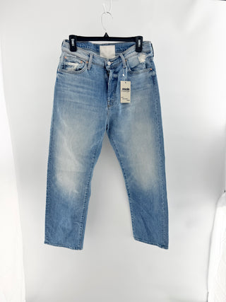 Mother light-wash denim jeans featuring subtle distressing at front pockets, high-rise waist, 28