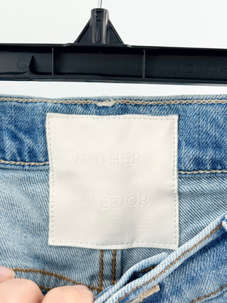 Mother light-wash denim jeans featuring subtle distressing at front pockets, high-rise waist, 28