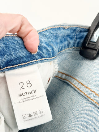 Mother light-wash denim jeans featuring subtle distressing at front pockets, high-rise waist, 28