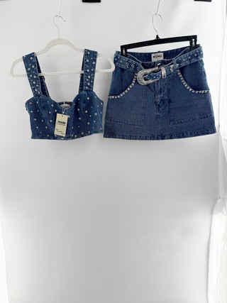 Show Me Your Mumu two-piece denim set featuring rhinestone structured cropped bustier top and matching high-waisted mini skirt embellished with sparkling crystal details throughout and rhinestone western belt, S