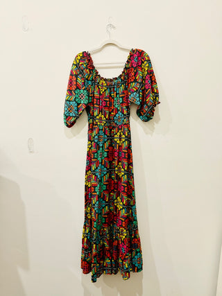 Carolina K Alexa Fiesta Flower Off-the-Shoulder Tiered Maxi Dress Multi Womens L