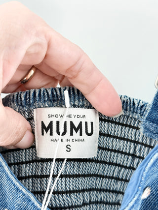 Show Me Your Mumu two-piece denim set featuring rhinestone structured cropped bustier top and matching high-waisted mini skirt embellished with sparkling crystal details throughout and rhinestone western belt, S