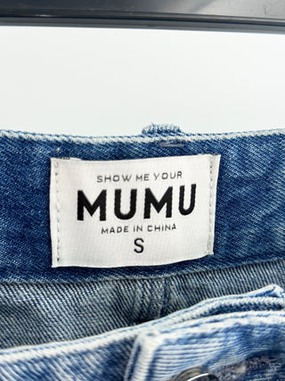 Show Me Your Mumu two-piece denim set featuring rhinestone structured cropped bustier top and matching high-waisted mini skirt embellished with sparkling crystal details throughout and rhinestone western belt, S