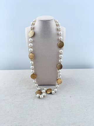 Chanel vintage long faux pearls and gold medal Chanel embossed necklace