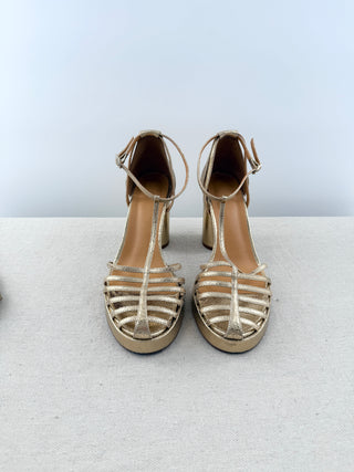 Souliers x Sezane leather metallic platform block heel shoes, 40