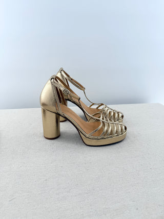 Souliers x Sezane leather metallic platform block heel shoes, 40