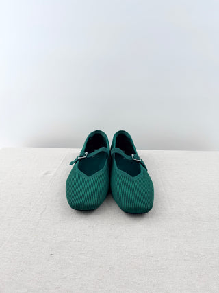 NWOT  Vivaia Margot Knit Square Toe Mary Jane Flats Forest Green Women's EU 41.5