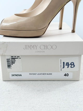 Jimmy Choo Patent Leather Peep Toe Platform Slingback Heel Beige Women's EU 40