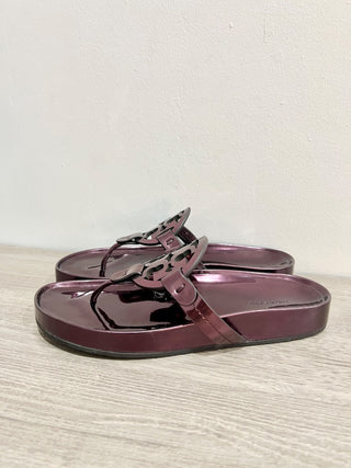 NWT Tory Burch Miller Cloud Metallic Slip On Flat Thong Sandals Merlot Women's 7