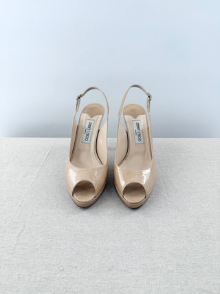 Jimmy Choo Patent Leather Peep Toe Platform Slingback Heel Beige Women's EU 40