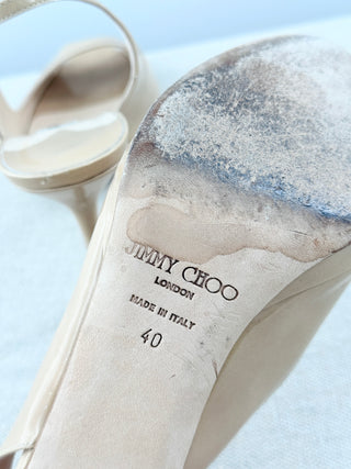 Jimmy Choo Patent Leather Peep Toe Platform Slingback Heel Beige Women's EU 40