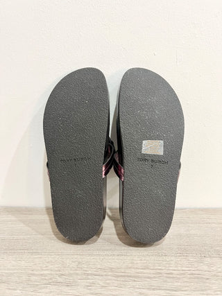 NWT Tory Burch Miller Cloud Metallic Slip On Flat Thong Sandals Merlot Women's 7
