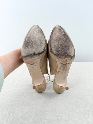 Jimmy Choo Patent Leather Peep Toe Platform Slingback Heel Beige Women's EU 40