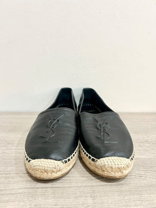 Saint Laurent Cassandre Logo-Embossed Leather Espadrilles Flat Black Women EU 39