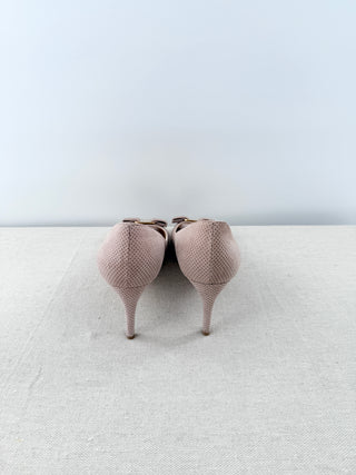 NWT Salvatore Ferragamo Pola Vara Suede Leather Bow Peep Toe Pumps Beige US 9.5