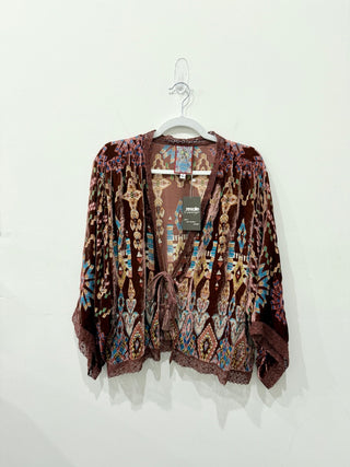 Johny Was kimono embroidered velvet and silk top, M