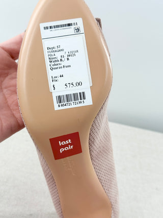 NWT Salvatore Ferragamo Pola Vara Suede Leather Bow Peep Toe Pumps Beige US 9.5