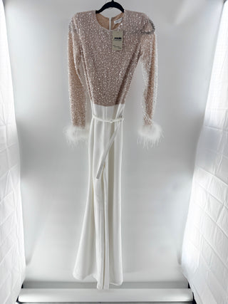 Nadine Merabi embellished feather trim jumpsuit, US 4