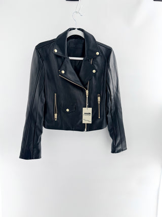 Blank NYC faux leather moto jacket featuring asymmetrical zip-front closure, oversized lapels, zippered pockets, XS