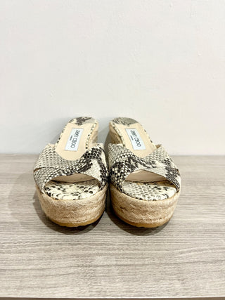 Jimmy Choo Snakeskin Raffia Platform Wedge Slide Sandals Beige/Brown EU 38