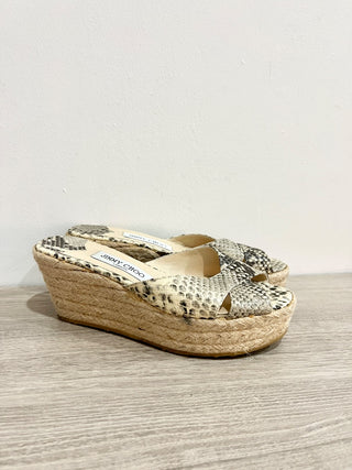 Jimmy Choo Snakeskin Raffia Platform Wedge Slide Sandals Beige/Brown EU 38