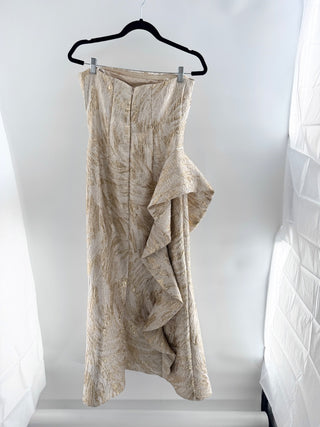 Donna Karan evening gown crafted in metallic jacquard with abstract brushstroke-inspired pattern, designed with sweetheart neckline and dramatic asymmetrical draped panel, 6