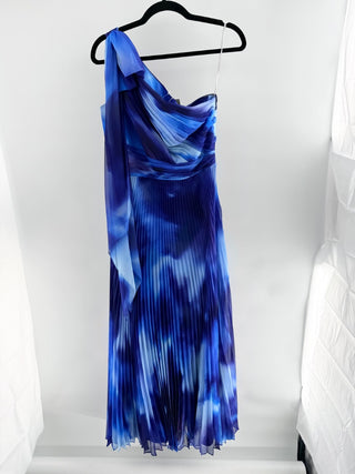 Marchessa Notte tie-dye print gown featuring one-shoulder, with a draped scarf detail, softly pleated skirt and flowing chiffon, 8