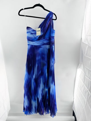 Marchessa Notte tie-dye print gown featuring one-shoulder, with a draped scarf detail, softly pleated skirt and flowing chiffon, 8