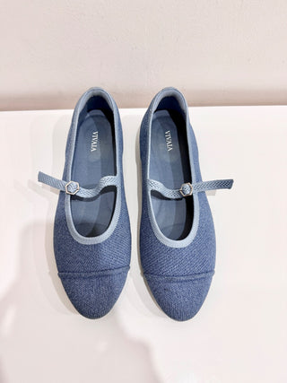 Vivaila Almond-Toe Mary-Jane AdaptAll Ballet Flats Denim Blue Women's Size 40