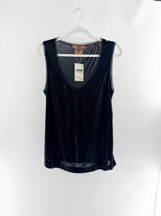 Tory Burch sleeveless tank top featuring draped neckline and sheer dotted mesh detailing, M