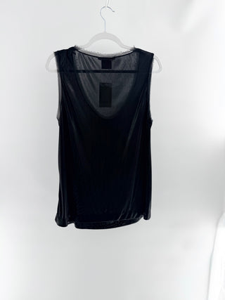 Tory Burch sleeveless tank top featuring draped neckline and sheer dotted mesh detailing, M