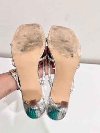 DV Dolce Vita Zini Embossed Croco Strappy Stiletto Heel Dress Sandals Silver 10