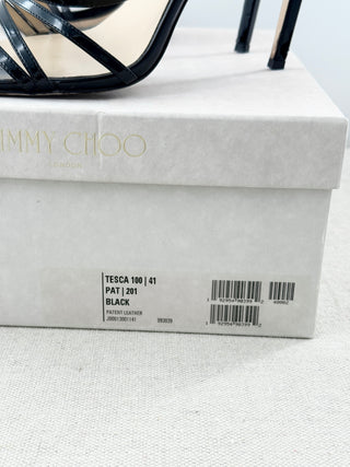 Jimmy Choo Tesca 100 Patent Leather Strappy Ankle Strap Sandals Black Size EU 41
