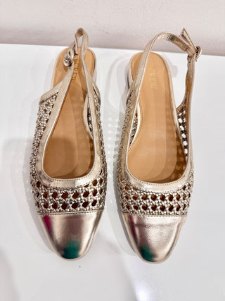 J. Crew Woven Block Heel Slingback Flat Shoes Light Metallic Gold Women's Size 9