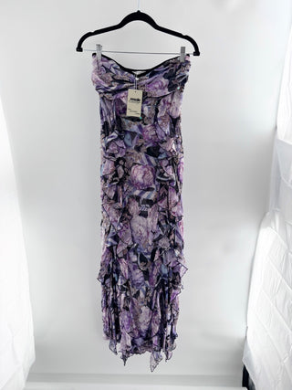 Diane von Furstenberg strapless floral gown featuring cascading ruffle accents, and subtle sequin embellishments, 10