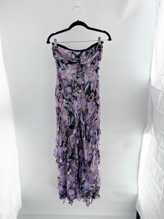 Diane von Furstenberg strapless floral gown featuring cascading ruffle accents, and subtle sequin embellishments, 10
